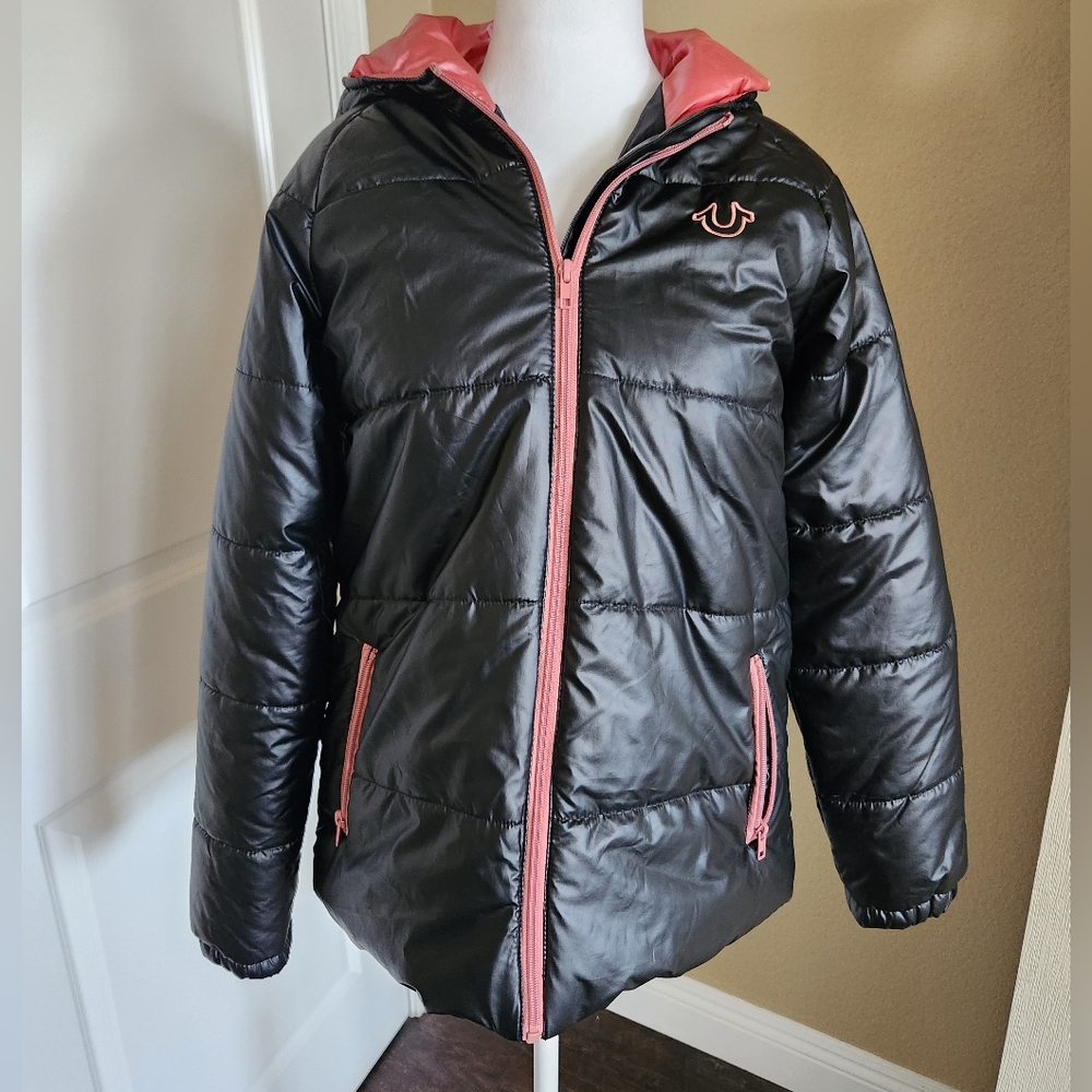 Girl's True Religion Black Puffer Jacket w/ Pink Embroidery, Size XL